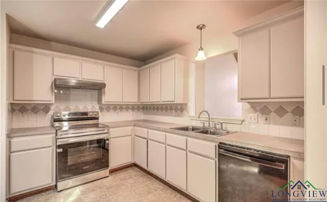 kitchen featuring sink, electric range, black dishwasher, decorative backsplash, and decorative light fixtures