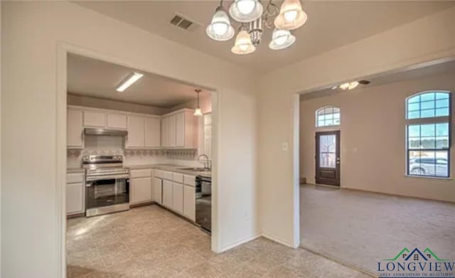 kitchen with white cabinetry, stainless steel electric range, dishwasher, a wealth of natural light, and pendant lighting