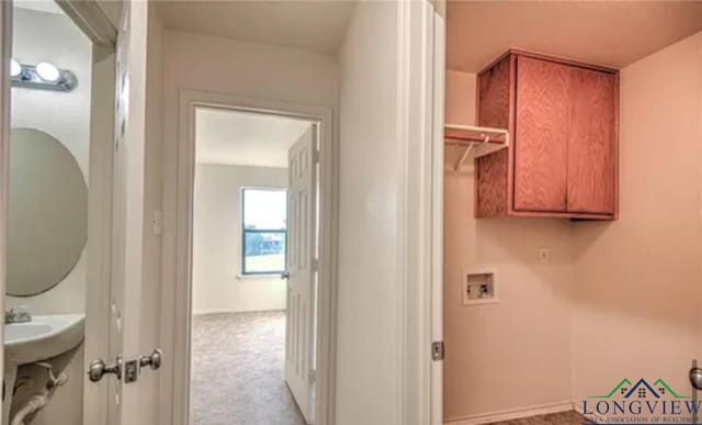 laundry room featuring light carpet, sink, and hookup for a washing machine