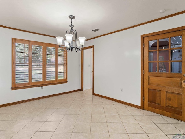 unfurnished room with crown molding, light tile patterned floors, and a notable chandelier