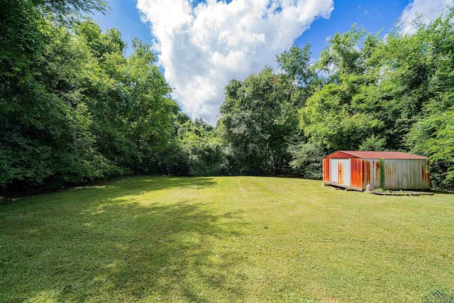523 Molly Cir, Carthage, TX 75633 - view of grassy yard with a storage unit and a wooded view