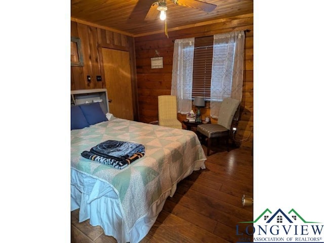 bedroom featuring dark wood-type flooring, ceiling fan, wooden ceiling, and wood walls