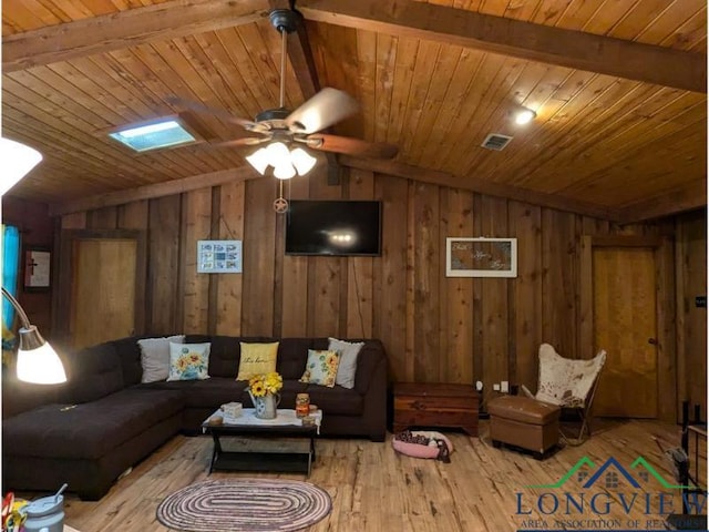 living room featuring vaulted ceiling with beams, light hardwood / wood-style flooring, wooden ceiling, wooden walls, and ceiling fan