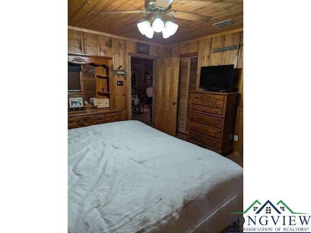 bedroom with ceiling fan, wood ceiling, and wood walls