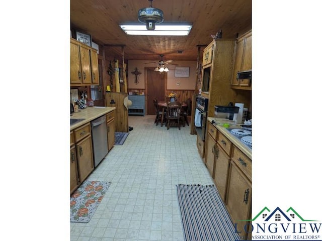 kitchen featuring extractor fan, black oven, dishwasher, ceiling fan, and wooden ceiling