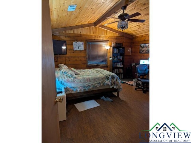 bedroom with vaulted ceiling with beams, wooden ceiling, hardwood / wood-style floors, and wood walls