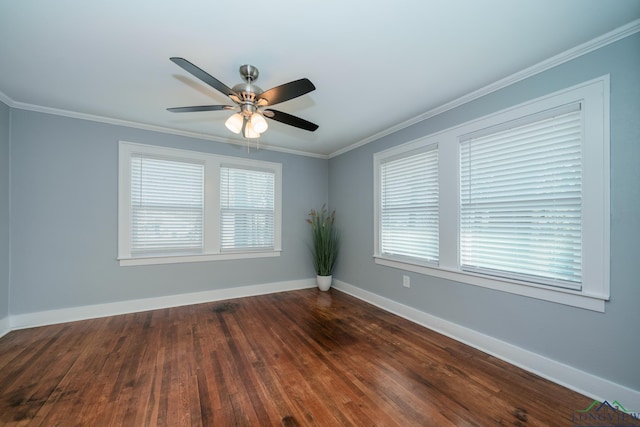 unfurnished room featuring dark wood-type flooring, plenty of natural light, ornamental molding, and ceiling fan