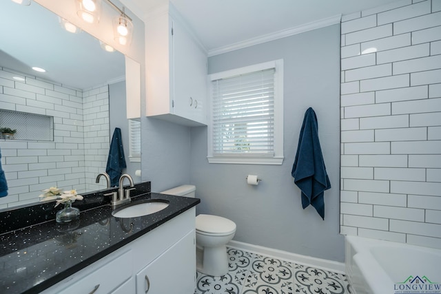 bathroom with tile patterned flooring, vanity, toilet, and crown molding