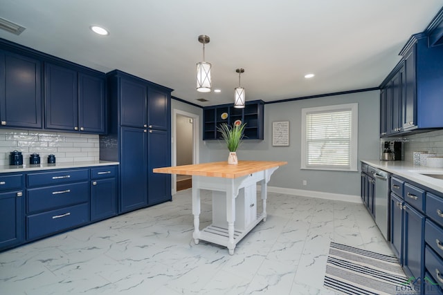 kitchen featuring blue cabinetry, ornamental molding, decorative backsplash, and dishwasher