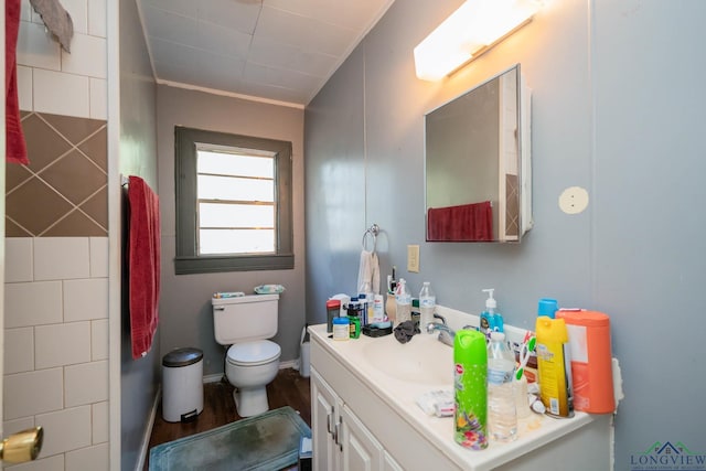 bathroom featuring vanity, hardwood / wood-style flooring, and toilet