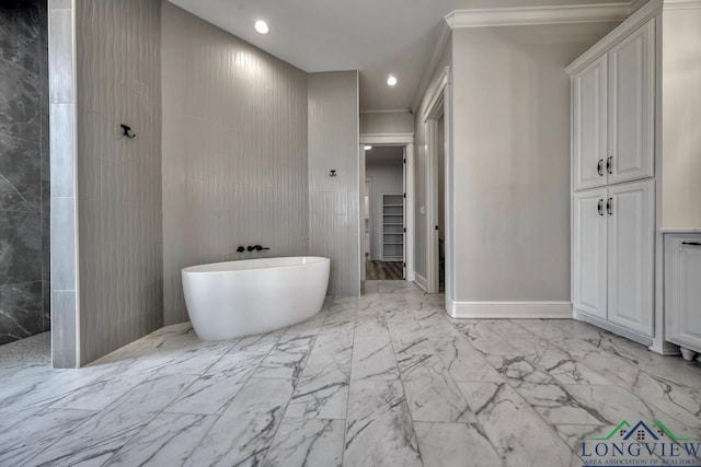 bathroom featuring crown molding and plus walk in shower