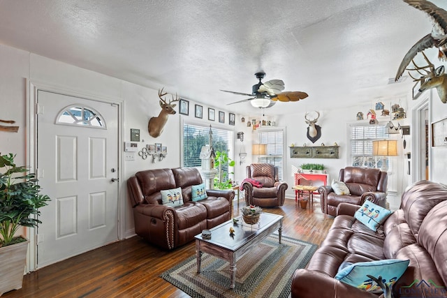 living room with ceiling fan, dark hardwood / wood-style flooring, and a textured ceiling