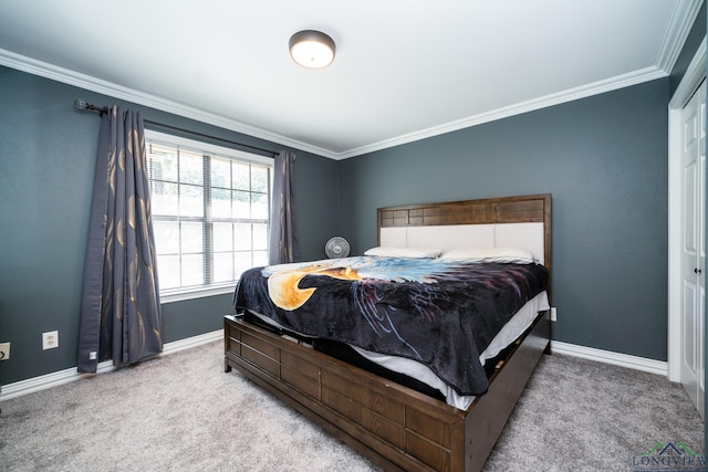 bedroom with light carpet and ornamental molding