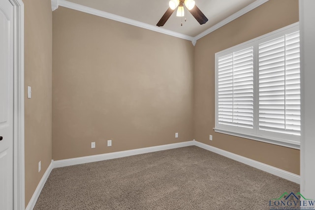 empty room with baseboards, crown molding, a ceiling fan, and carpet