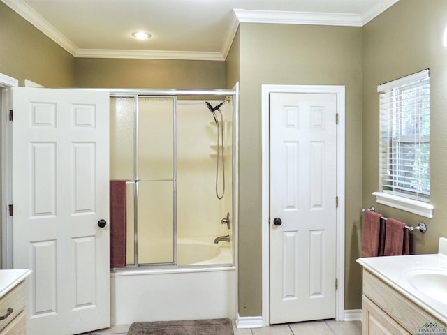 204 Widgeon Rd, Gilmer, TX 75645 - bathroom with vanity, ornamental molding, enclosed tub / shower combo, and tile patterned flooring