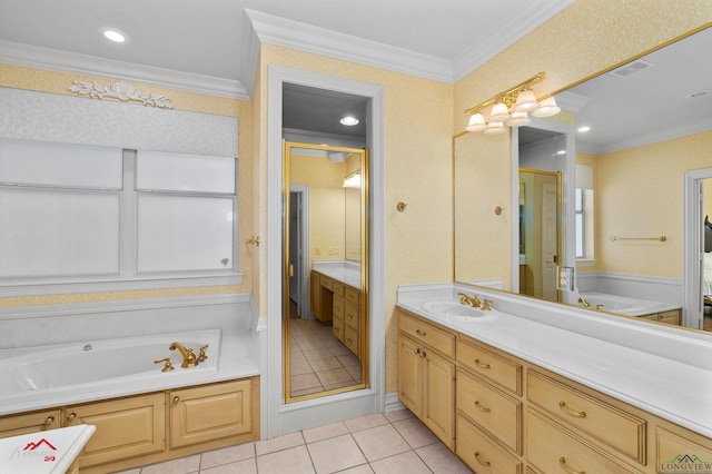 bathroom with crown molding, tile patterned flooring, vanity, and independent shower and bath