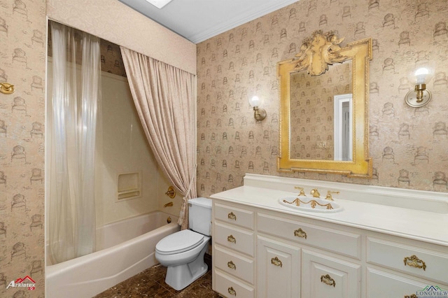 full bathroom with shower / bath combo, vanity, toilet, and ornamental molding