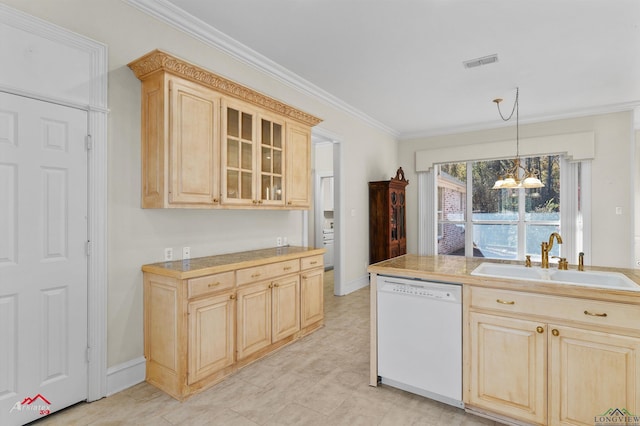 kitchen featuring pendant lighting, dishwasher, an inviting chandelier, sink, and light brown cabinetry