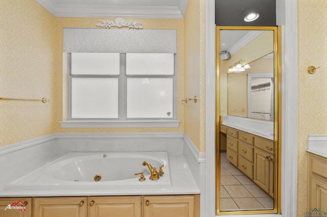 bathroom featuring a tub, crown molding, and vanity