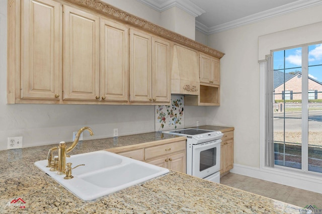 kitchen featuring electric stove, sink, ornamental molding, light brown cabinetry, and custom range hood