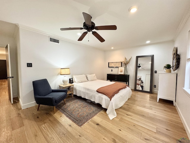 3 Lindsey Ln, Longview, TX 75601 - bedroom with light wood-style floors, crown molding, recessed lighting, and ceiling fan