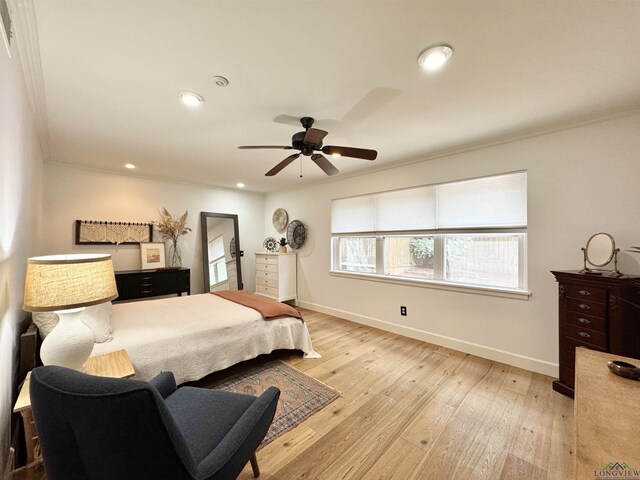 3 Lindsey Ln, Longview, TX 75601 - bedroom with hardwood / wood-style floors, crown molding, recessed lighting, and ceiling fan