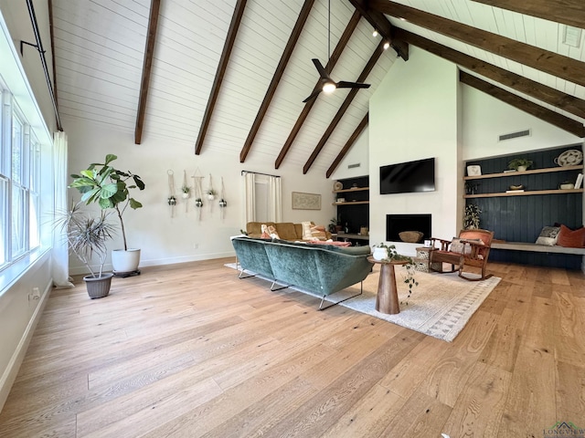 3 Lindsey Ln, Longview, TX 75601 - living area with wood finished floors, high vaulted ceiling, beamed ceiling, a fireplace, and ceiling fan