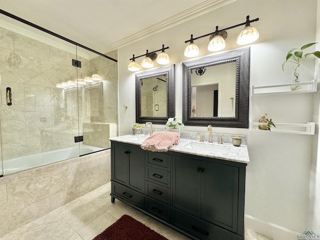 3 Lindsey Ln, Longview, TX 75601 - full bathroom featuring ornamental molding, tiled shower / bath, double vanity, and tile patterned flooring