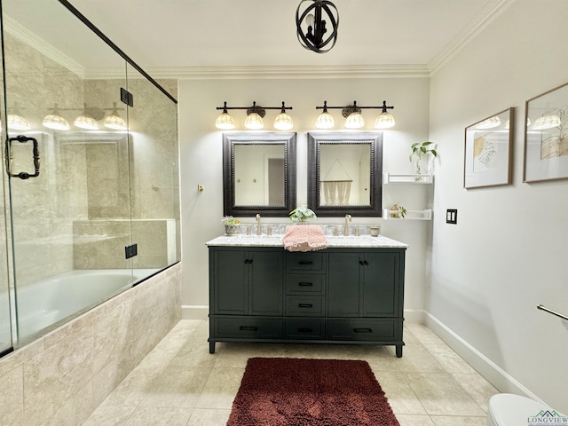 3 Lindsey Ln, Longview, TX 75601 - full bathroom featuring tiled shower / bath combo, double vanity, tile patterned flooring, and crown molding