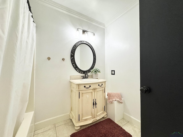 3 Lindsey Ln, Longview, TX 75601 - full bath featuring ornamental molding, vanity, tile patterned flooring, and shower / bath combination with curtain
