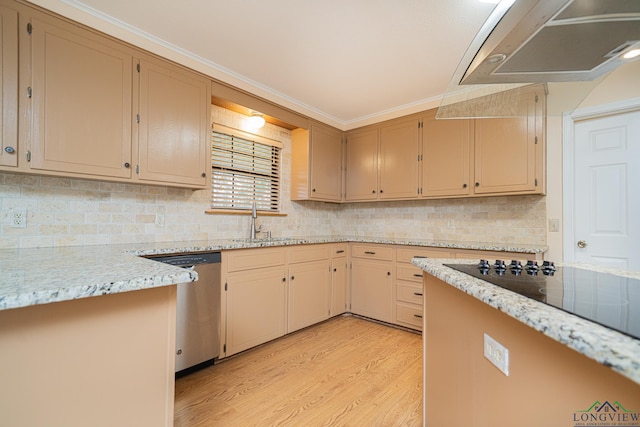 kitchen with sink, crown molding, dishwasher, backsplash, and light hardwood / wood-style floors