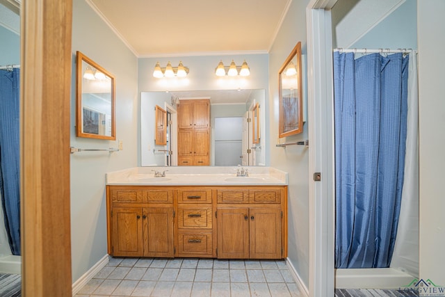 bathroom with crown molding, vanity, curtained shower, and tile patterned flooring