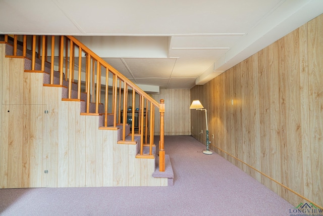 basement with carpet floors and wooden walls