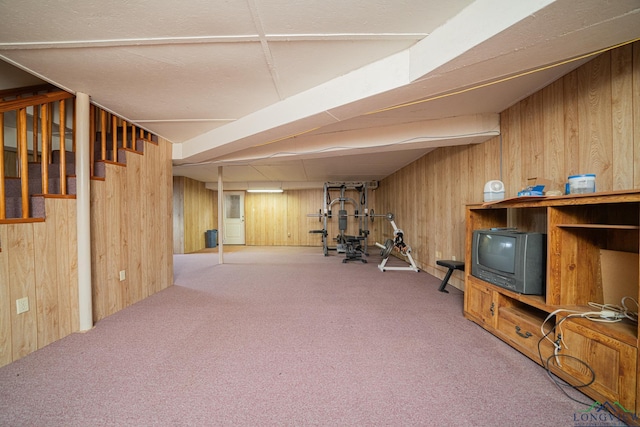 exercise room with wooden walls and carpet flooring