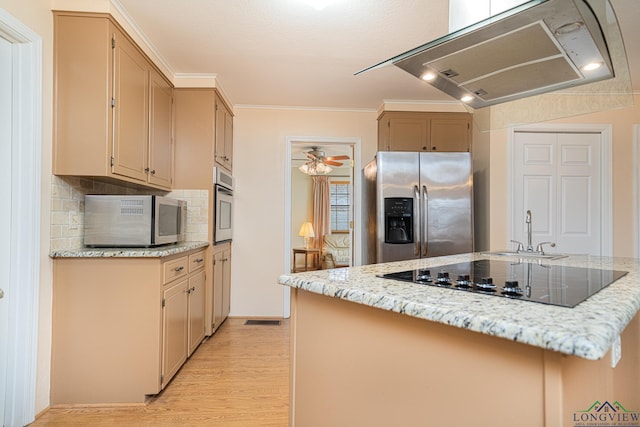 kitchen with sink, light stone counters, ventilation hood, light wood-type flooring, and stainless steel appliances