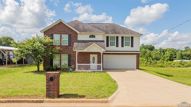1700 Van Zandt Ave, Marshall, TX 75670 - traditional-style house featuring a garage, concrete driveway, brick siding, a front lawn, and a shingled roof