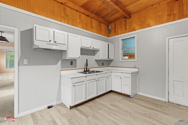 154 County Rd 117, Carthage, TX 75633 - kitchen with light wood finished floors, a wood ceiling with exposed beams, under cabinet range hood, white cabinets, and wooden walls