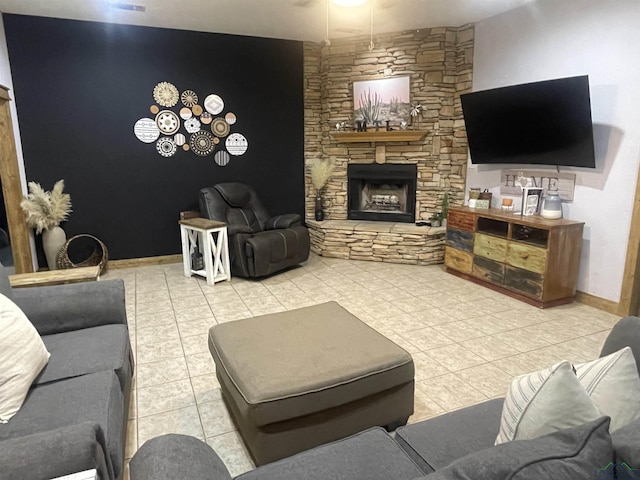 tiled living room with a fireplace