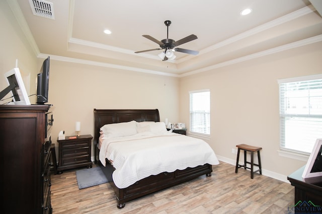 2131 Page Creek Trl, Longview, TX 75601 - bedroom with a raised ceiling, light wood-type flooring, ornamental molding, recessed lighting, and a ceiling fan