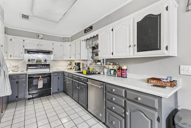 kitchen with stainless steel dishwasher, black stove, and white cabinets