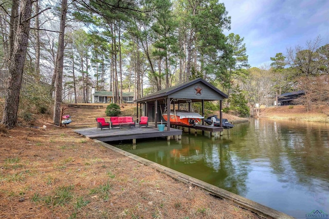 dock area with a water view and boat lift