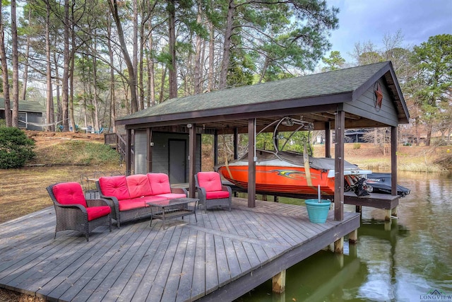 view of dock with a water view and boat lift