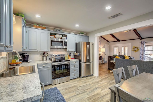 kitchen with visible vents, backsplash, appliances with stainless steel finishes, open floor plan, and a sink