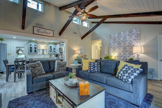 living area with lofted ceiling with beams, wooden ceiling, visible vents, and wood finished floors