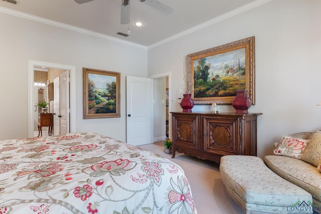 carpeted bedroom featuring crown molding and ceiling fan