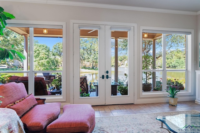 doorway featuring french doors, a healthy amount of sunlight, and ornamental molding