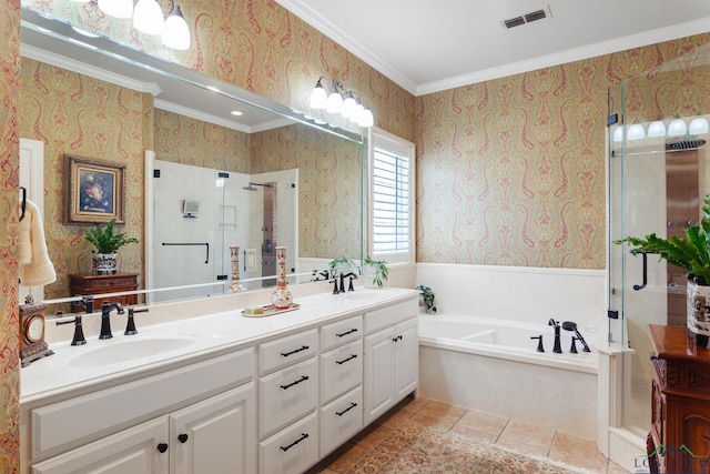 bathroom with crown molding, tile patterned floors, vanity, and separate shower and tub