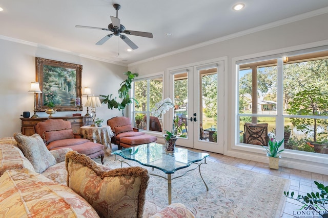 interior space with ceiling fan and french doors