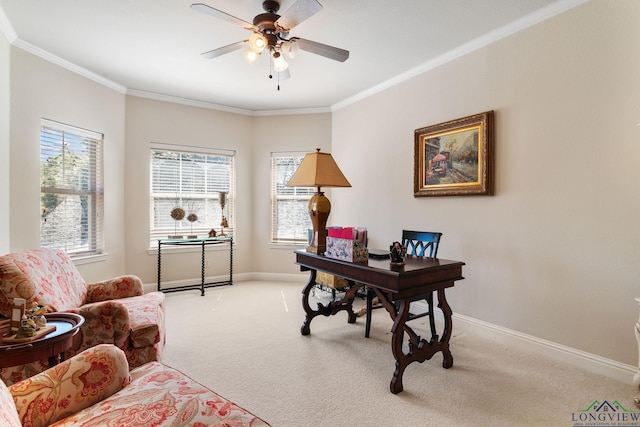 carpeted office space featuring crown molding and ceiling fan