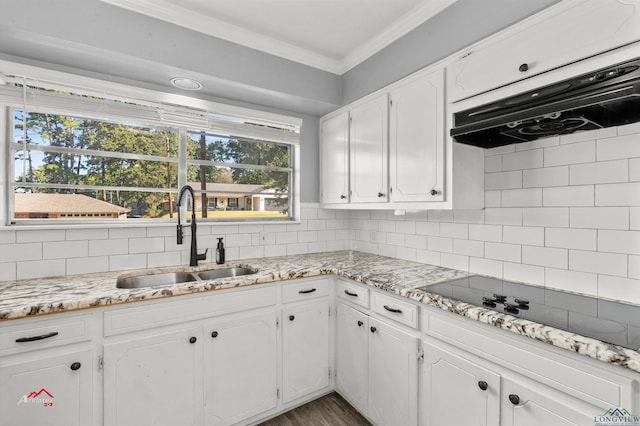 kitchen with decorative backsplash, black electric stovetop, crown molding, sink, and white cabinets